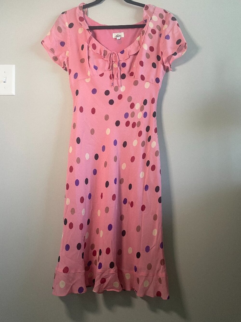 Vintage Mica Pink Multicolor Polka Dot Ruffle Dress Size 8 Made USA